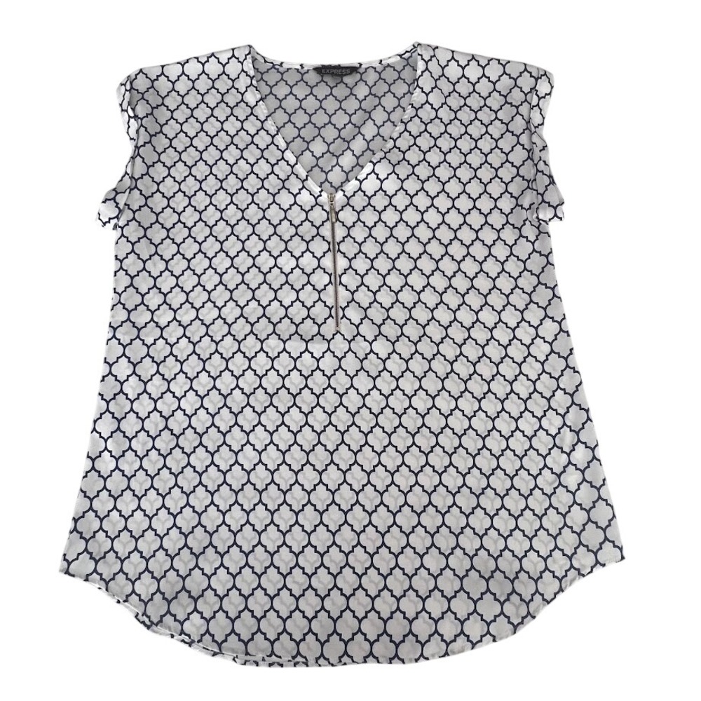 Express Women Navy White Quatrefoil Geometric Half Zip Blouse Office Workwear L